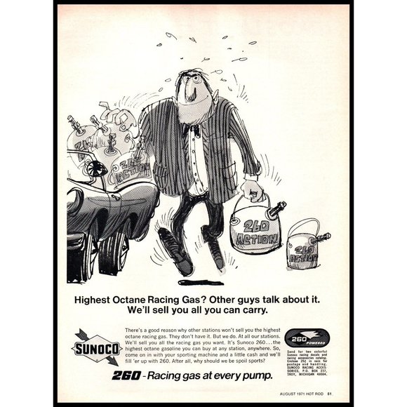 1971 Sunoco Gasoline 260 Racing Gas Vintage Print Ad Salesman Cartoon Wall Art - Picture 1 of 1